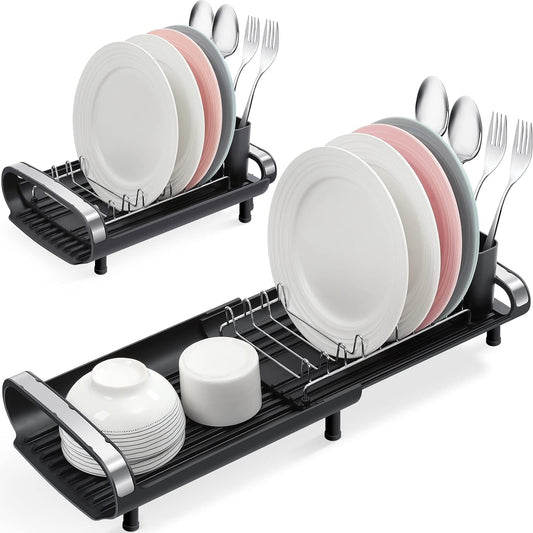 TOOLF Expandable Dish Rack,Compact Dish Water Drainer,Stainless Steel Dish Anti-Moisture Rack,with Removable Tableware Stand,Anti-Rust Flat Rack,Suitable for Sink Or Kitchen Countertop Small Water Channel Water Drainer