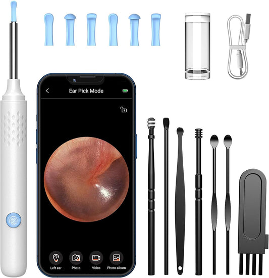 Ear Wax Removal,Earwax Cleaner,7 Set of Earmuffs,Earwax Removal Tool Camera,Belt 1080P Endoscope and 6 个 LED Lamp,Wireless Earphones for Ear Cleaning,Belt 6 One Ear Pick White